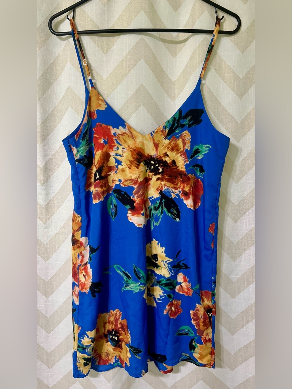 Lulu's Royal Blue Floral Camisole Dress with Gold & Orange Blooms